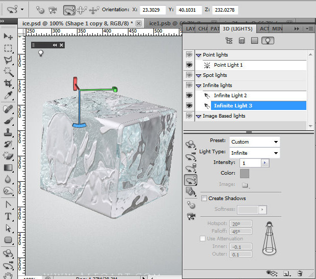 Ice cube 3D photoshop tools tutorial. 3D scene ice cube and cherry inside, ice txture effect in photoshop, ice reflection, 3D rendering, 3D light effects, realistic ice effectt, winterphotoshop  ideas